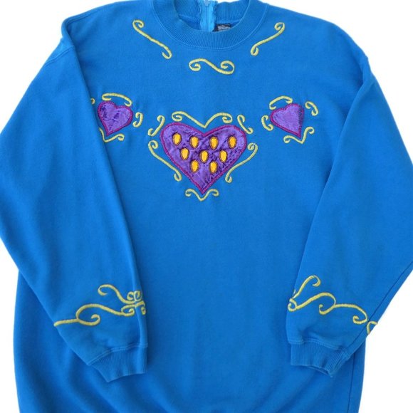 Vintage 80s Blue Sweatshirt 3D Velvet Purple Hearts Embroidered Zipper Back L - Picture 6 of 12